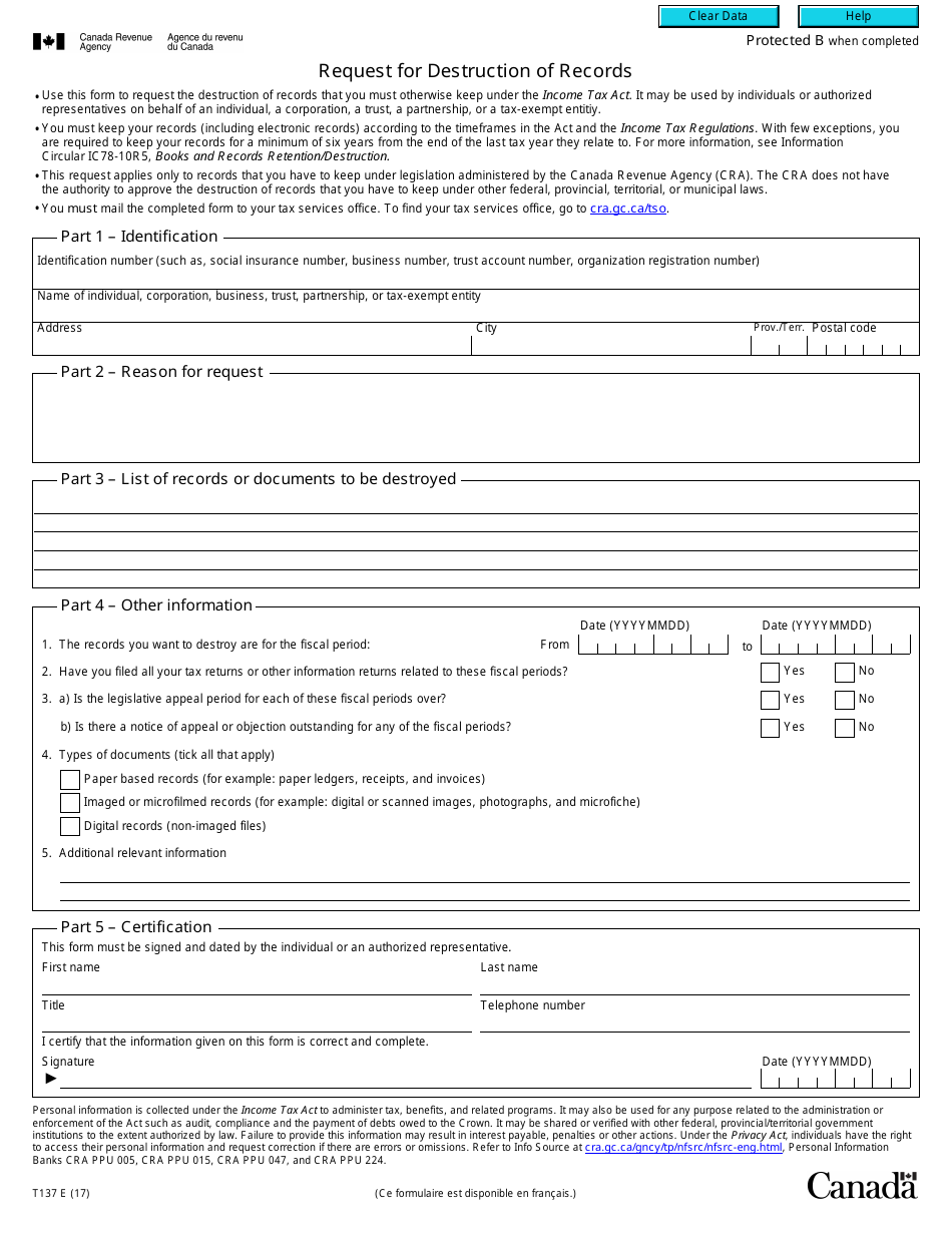 Form T137 Request for Destruction of Records - Canada, Page 1