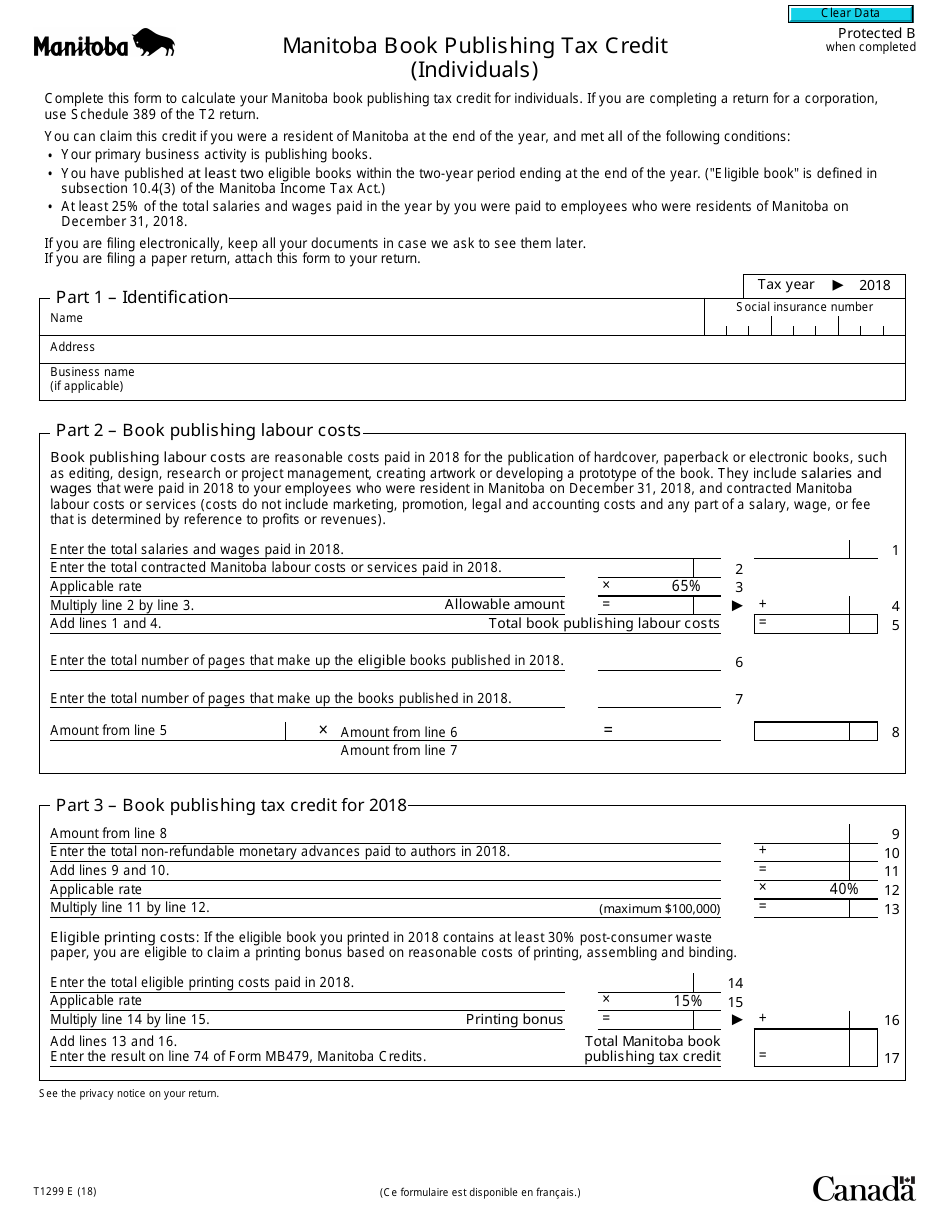 Form T1299 Manitoba Book Publishing Tax Credit (Individuals) - Canada, Page 1