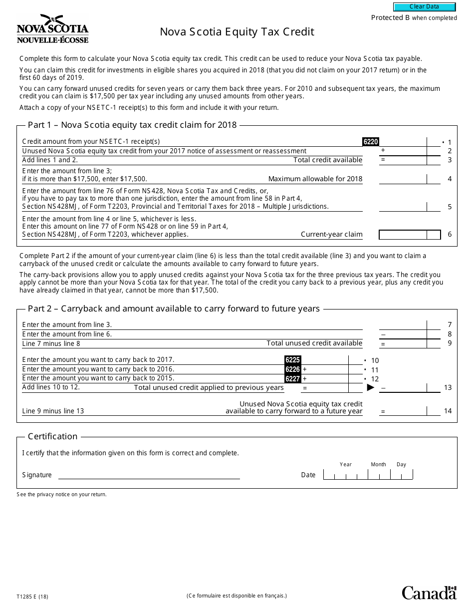 Form T1285 Nova Scotia Equity Tax Credit - Canada, Page 1