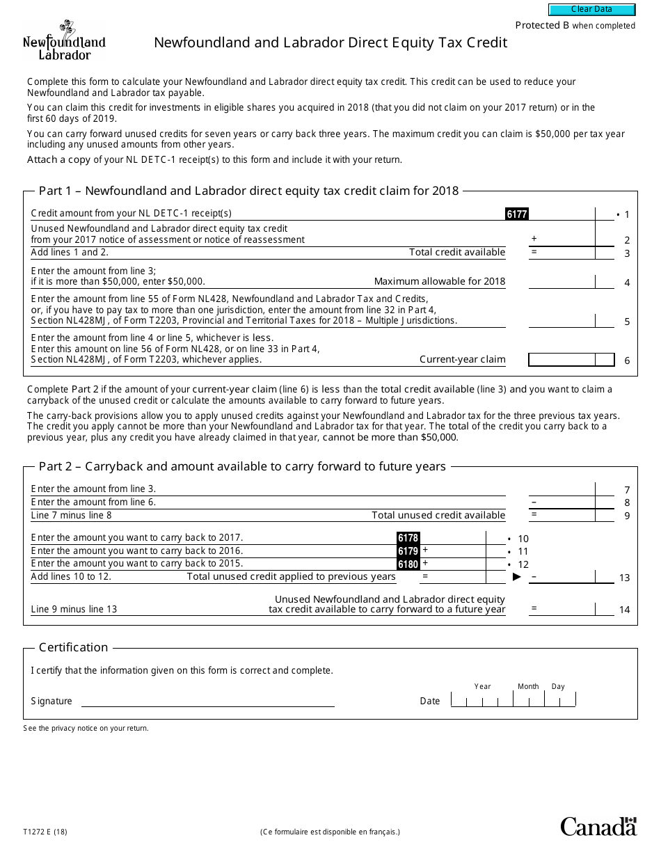 Form T1272 Newfoundland and Labrador Direct Equity Tax Credit - Canada, Page 1