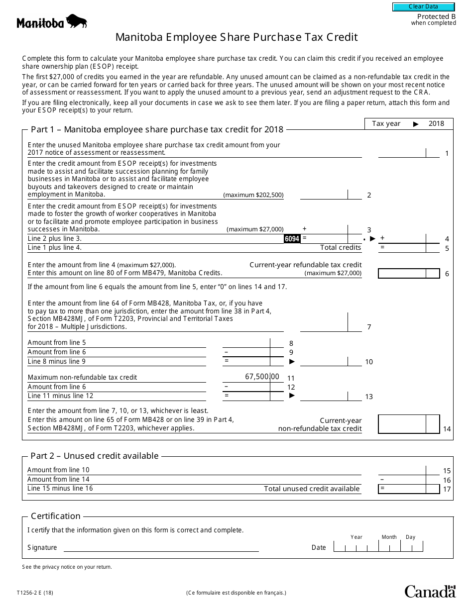 Form T1256-2 Manitoba Employee Share Purchase Tax Credit - Canada, Page 1