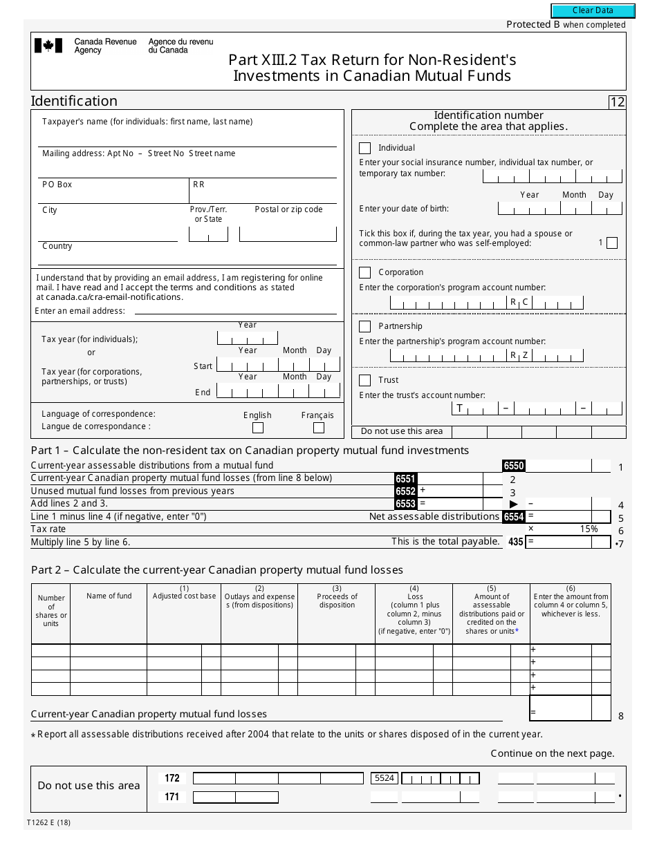 Form T1262 Part XIII.2 Tax Return for Non-residents Investments in Canadian Mutual Funds - Canada, Page 1