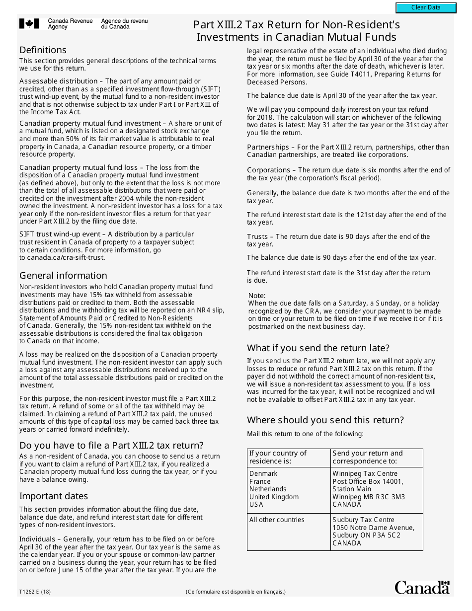 Form T1262 Part XIII.2 Tax Return for Non-residents Investments in Canadian Mutual Funds - Canada, Page 3