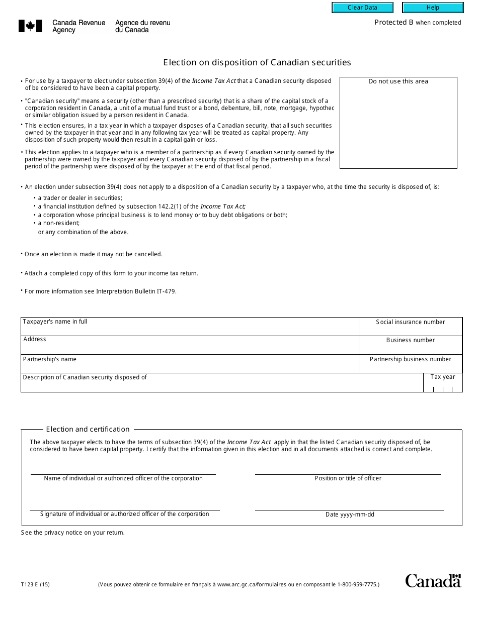 Form T123 Election on Disposition of Canadian Securities - Canada, Page 1