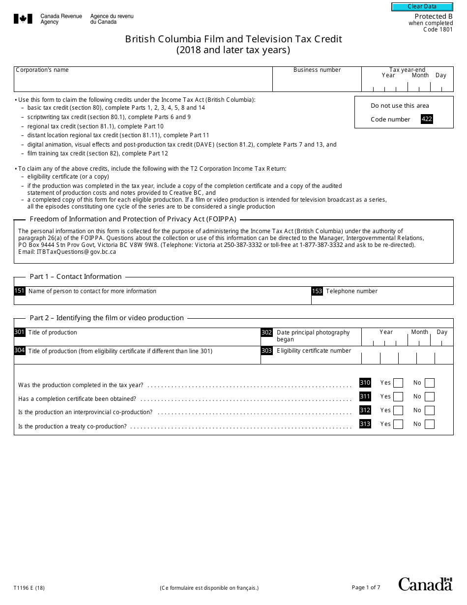 Form T1196 British Columbia Film and Television Tax Credit (2018 and Later Tax Years) - Canada, Page 1