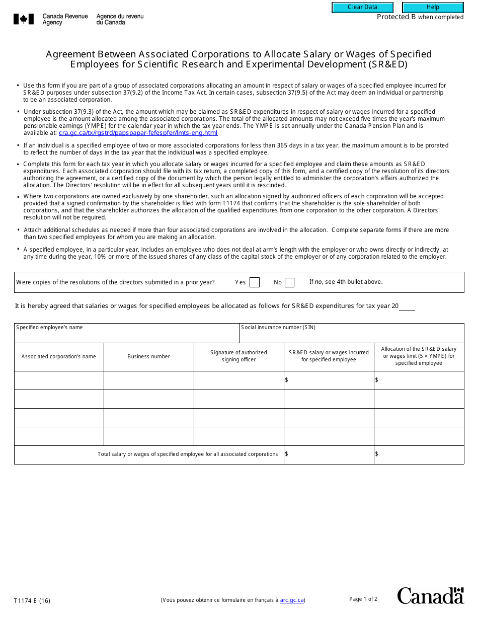 Form T1174 Agreement Between Associated Corporations to Allocate Salary or Wages of Specified Employees for Scientific Research and Experimental Development (Sred) - Canada, Page 1