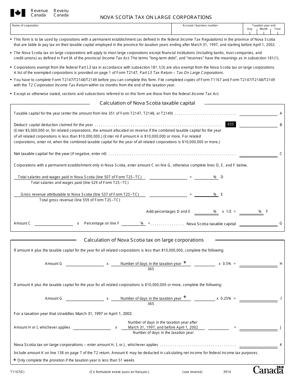 Form T1167 Nova Scotia Tax on Large Corporations - Canada, Page 1