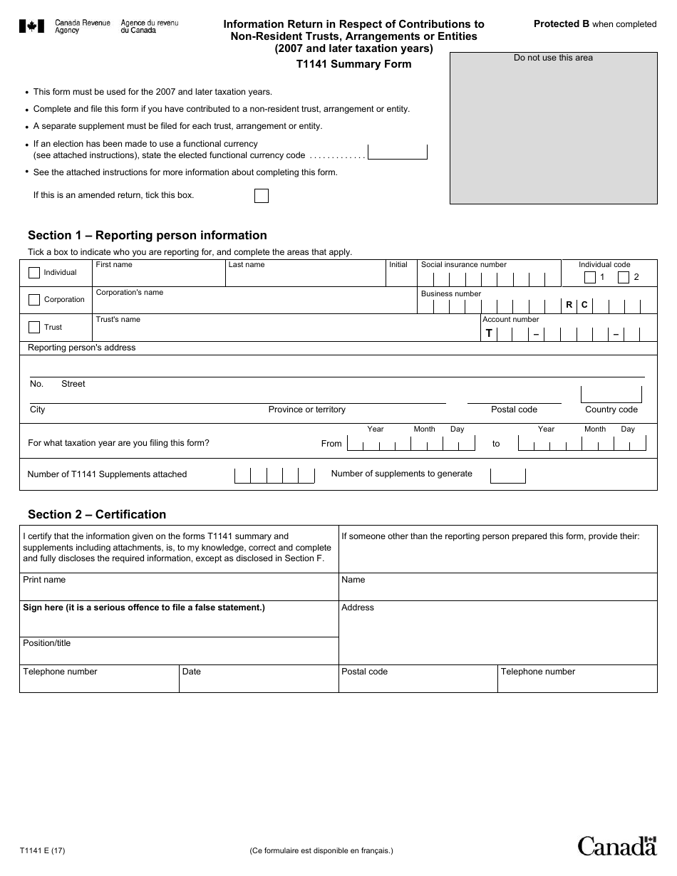 Form T1141 Information Return in Respect of Contributions to Non-resident Trusts, Arrangements or Entities - Canada, Page 1