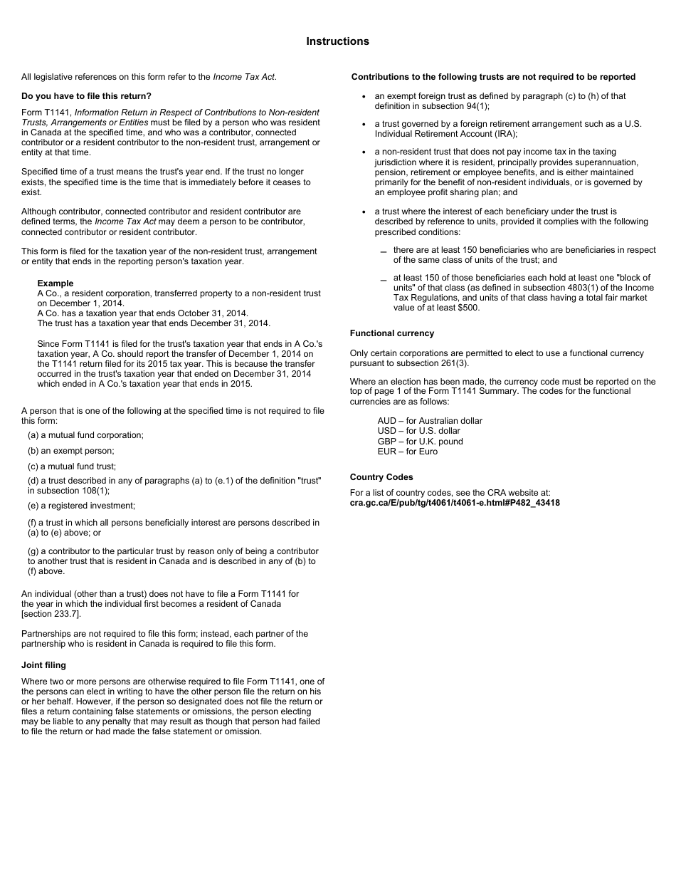 Form T1141 Information Return in Respect of Contributions to Non-resident Trusts, Arrangements or Entities - Canada, Page 5