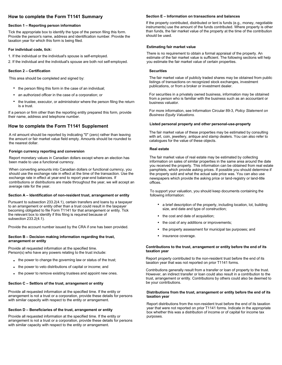 Form T1141 Information Return in Respect of Contributions to Non-resident Trusts, Arrangements or Entities - Canada, Page 6