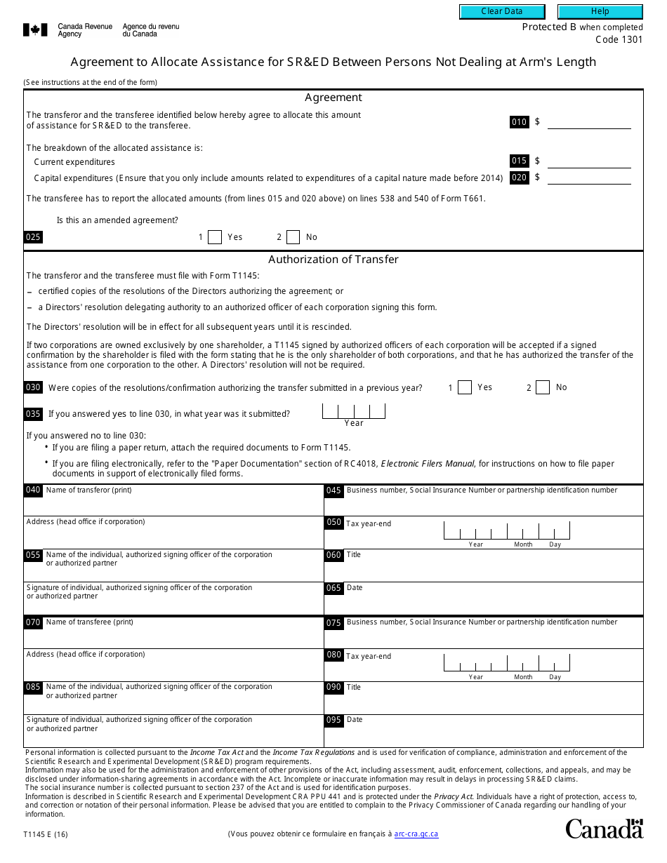 Form T1145 Download Fillable PDF or Fill Online Agreement to Allocate