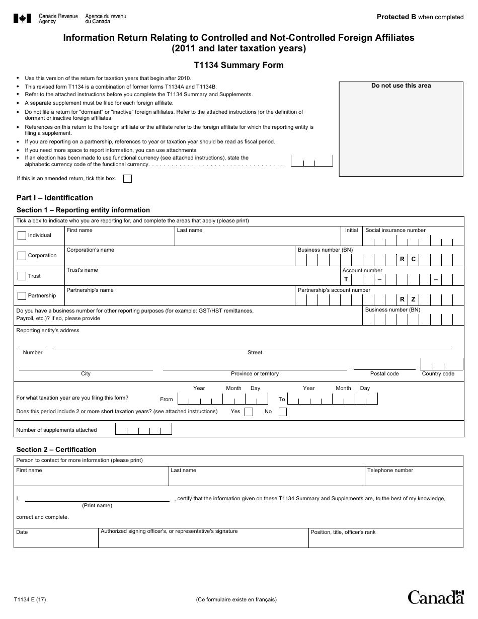 Form T1134 Information Return Relating to Controlled and Not-Controlled Foreign Affiliates (2011 and Later Taxation Years) - Canada, Page 1