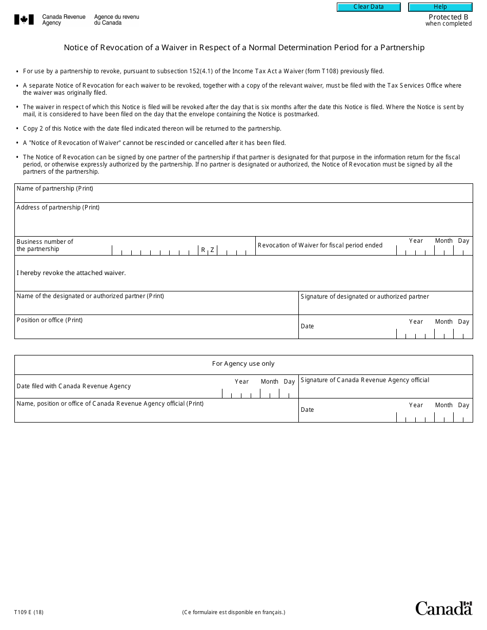 Form T109 Notice of Revocation of a Waiver in Respect of a Normal Determination Period for a Partnership - Canada, Page 1