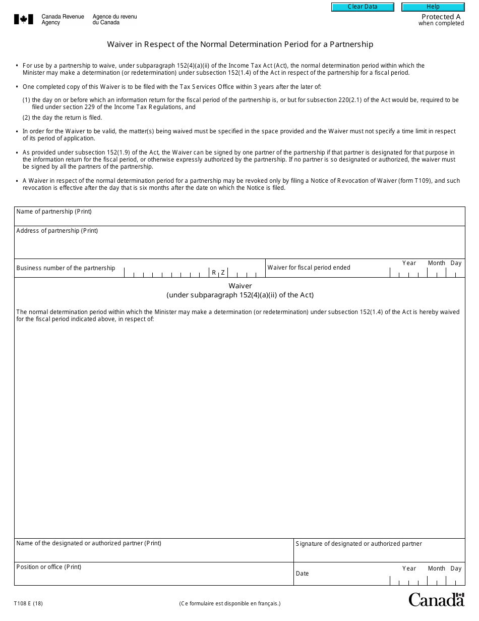 Form T108 Waiver in Respect of the Normal Determination Period for a Partnership - Canada, Page 1
