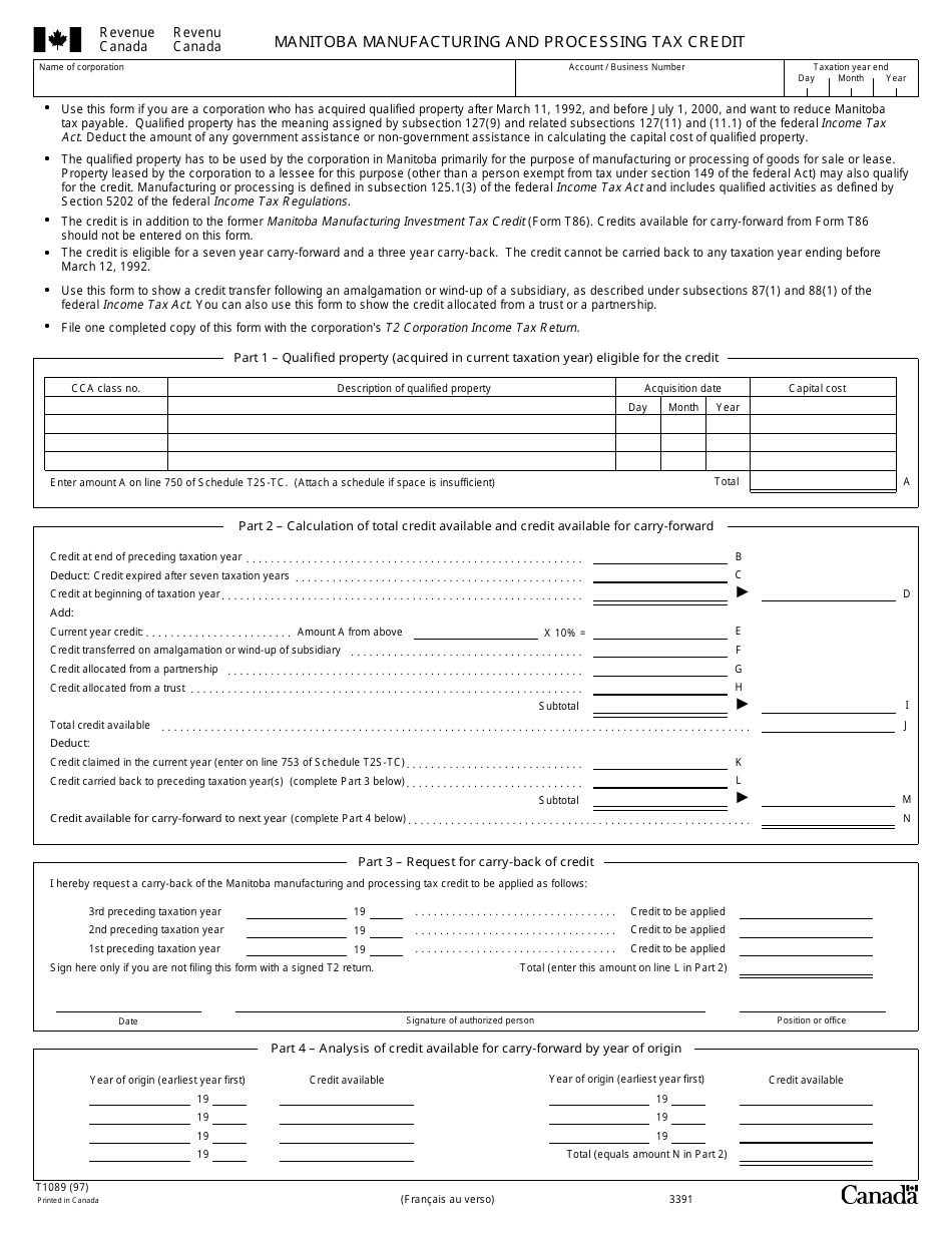 Form T1089 Manitoba Manufacturing and Processing Tax Credit - Canada, Page 1
