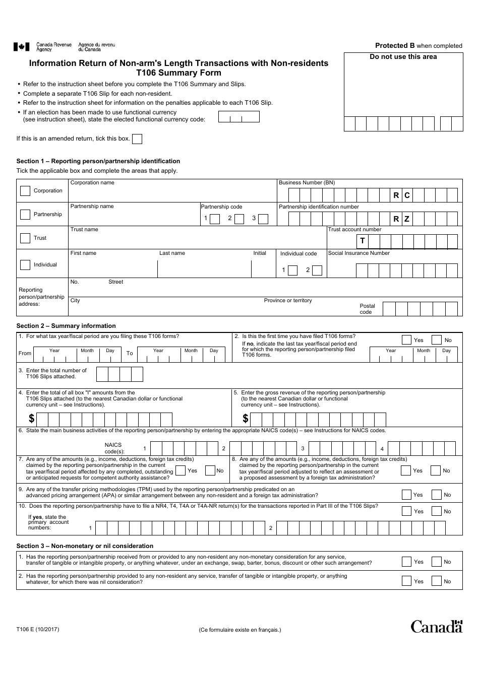 Form T106 Information Return of Non-arms Length Transactions With Non-residents - Canada, Page 1