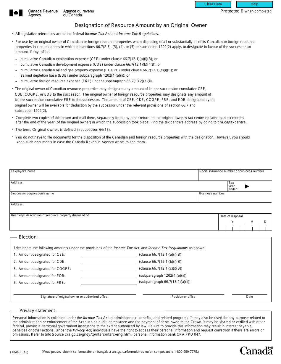 Form T1046 Designation of Resource Amount by an Original Owner - Canada, Page 1