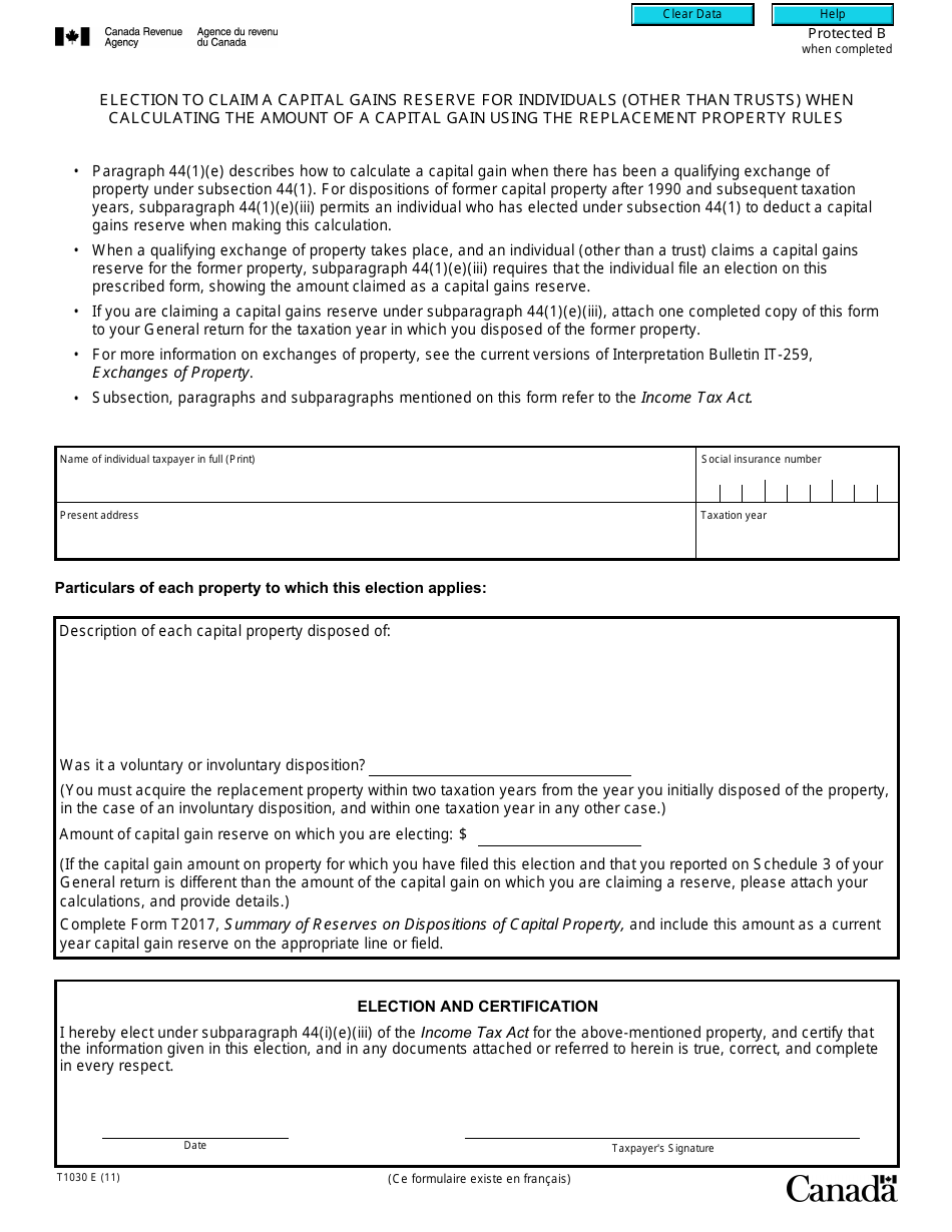 Form T1030 Election to Claim a Capital Gains Reserve for Individuals (Other Than Trusts) When Calculating the Amount of a Capital Gain Using the Replacement Property Rules - Canada, Page 1