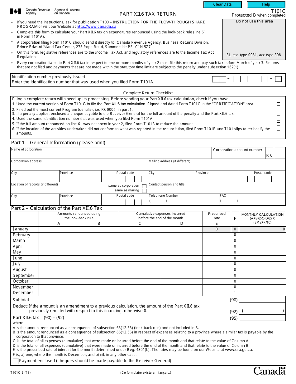 Form T101C Part XII. 6 Tax Return - Canada, Page 1