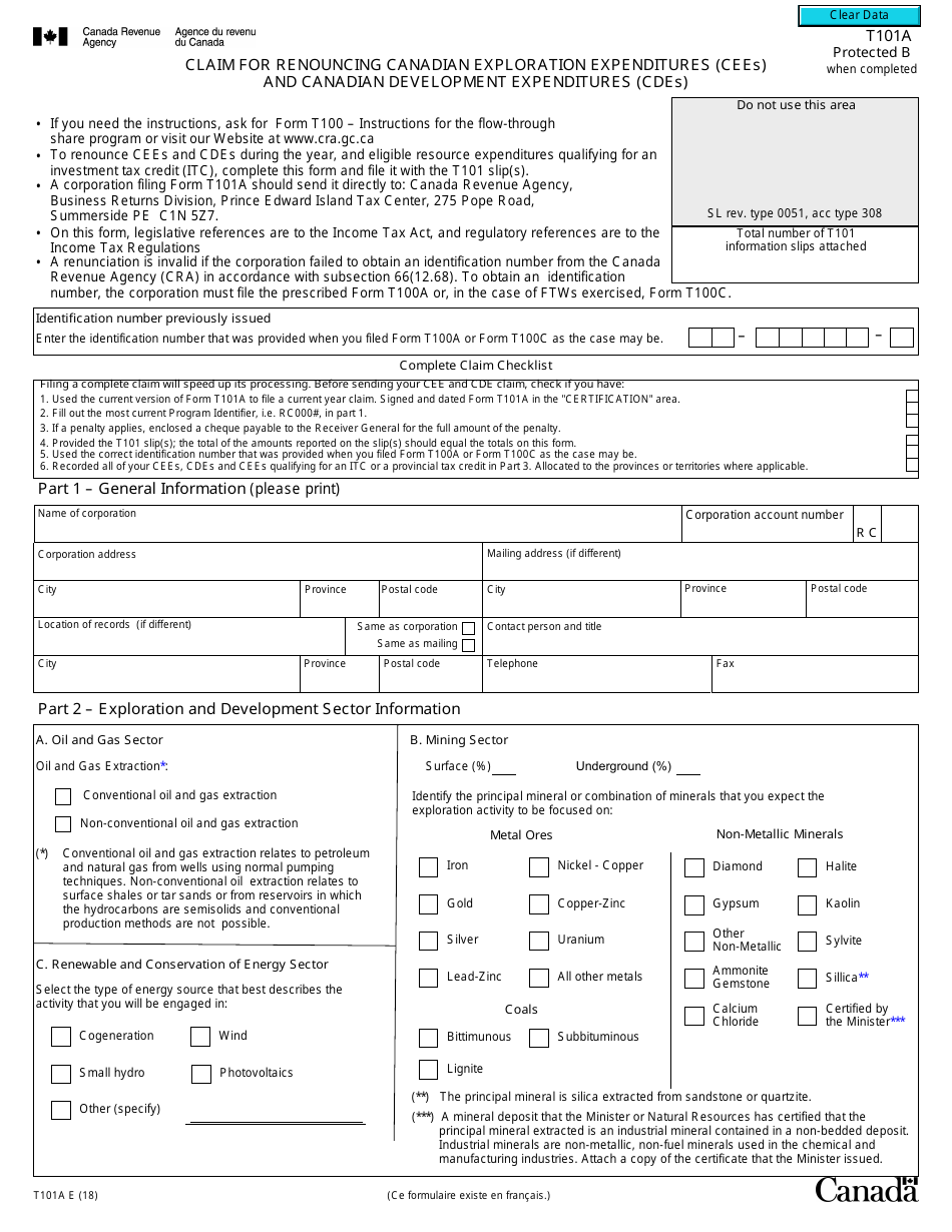 Form T101A Claim for Renouncing Canadian Exploration Expenditures (Cees) and Canadian Development Expenditures (Cdes) - Canada, Page 1