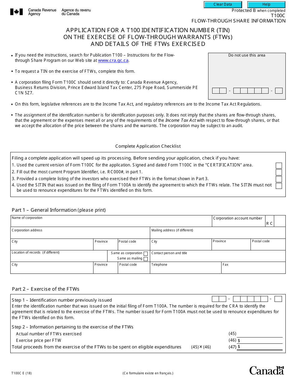 Form T100C Flow-Through Share Information - Application for a T100 Identification Number (Tin) on the Exercise of Flow-Through Warrants (Ftws) and Details of the Ftws Exercised - Canada, Page 1