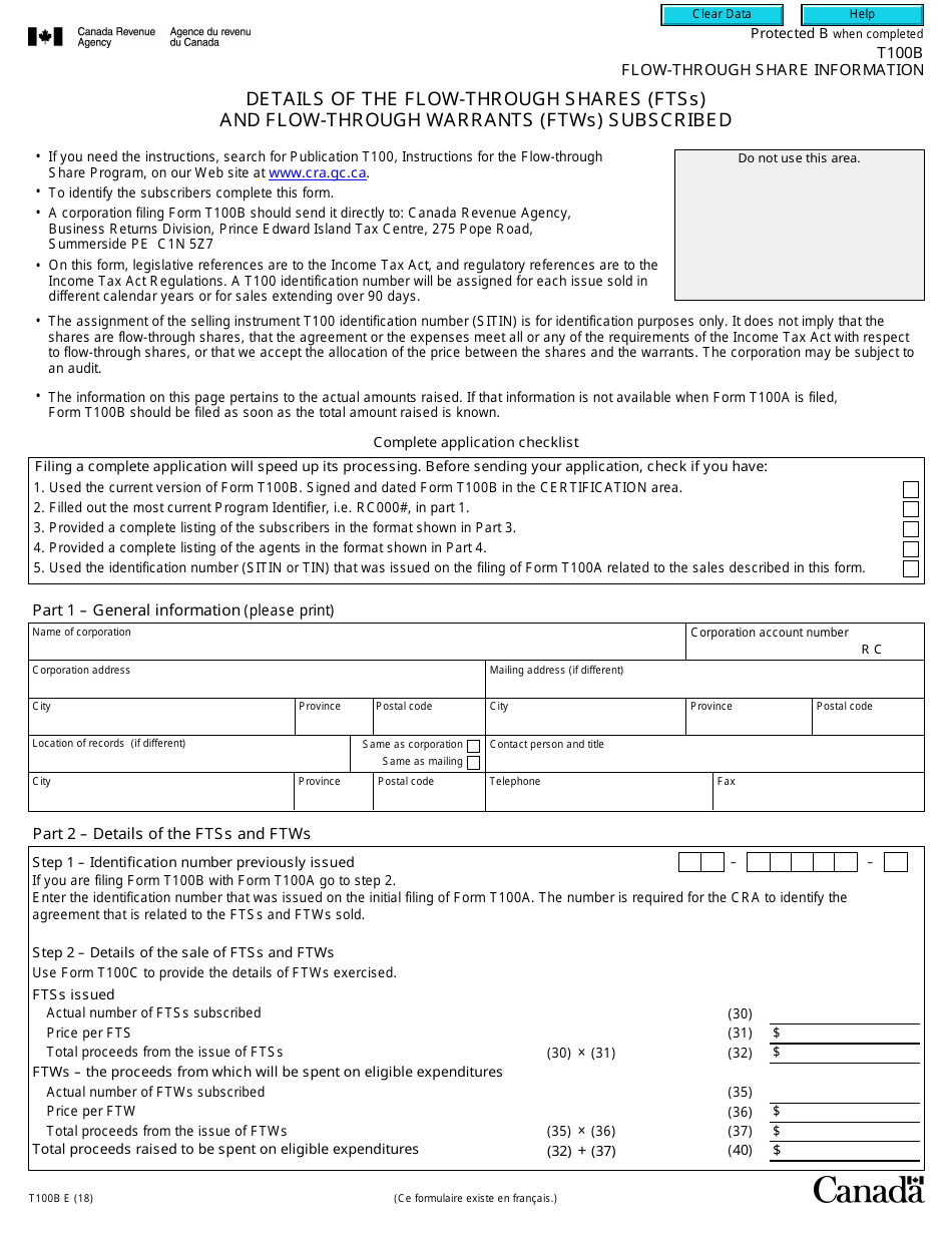 Form T100B Flow-Through Share Information - Details of the Flow-Through Shares (Ftss) and Flow-Through Warrants (Ftws) Subscribed - Canada, Page 1