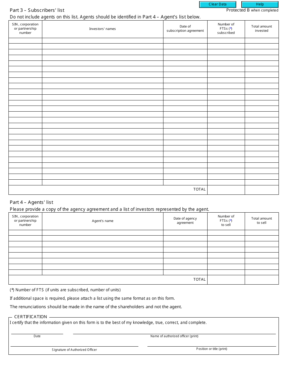 Form T100B Flow-Through Share Information - Details of the Flow-Through Shares (Ftss) and Flow-Through Warrants (Ftws) Subscribed - Canada, Page 2
