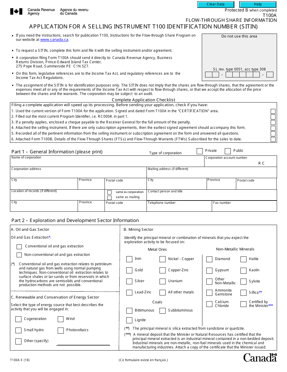 Form T100A Flow-Through Share Information - Application for a Selling Instrument T100 Identification Number (Sitin) - Canada, Page 1