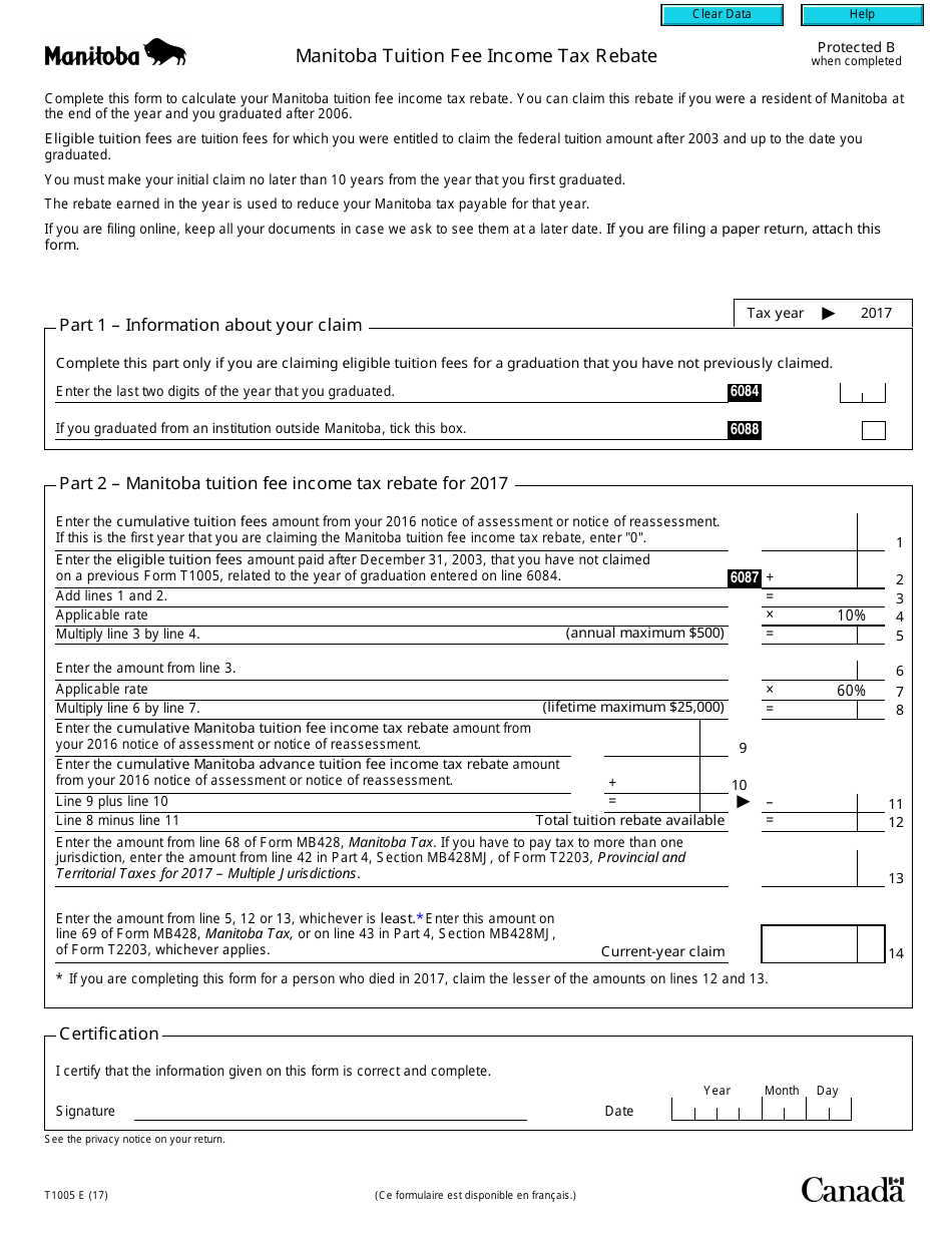 Form T1005 Manitoba Tuition Fee Income Tax Rebate - Canada, Page 1