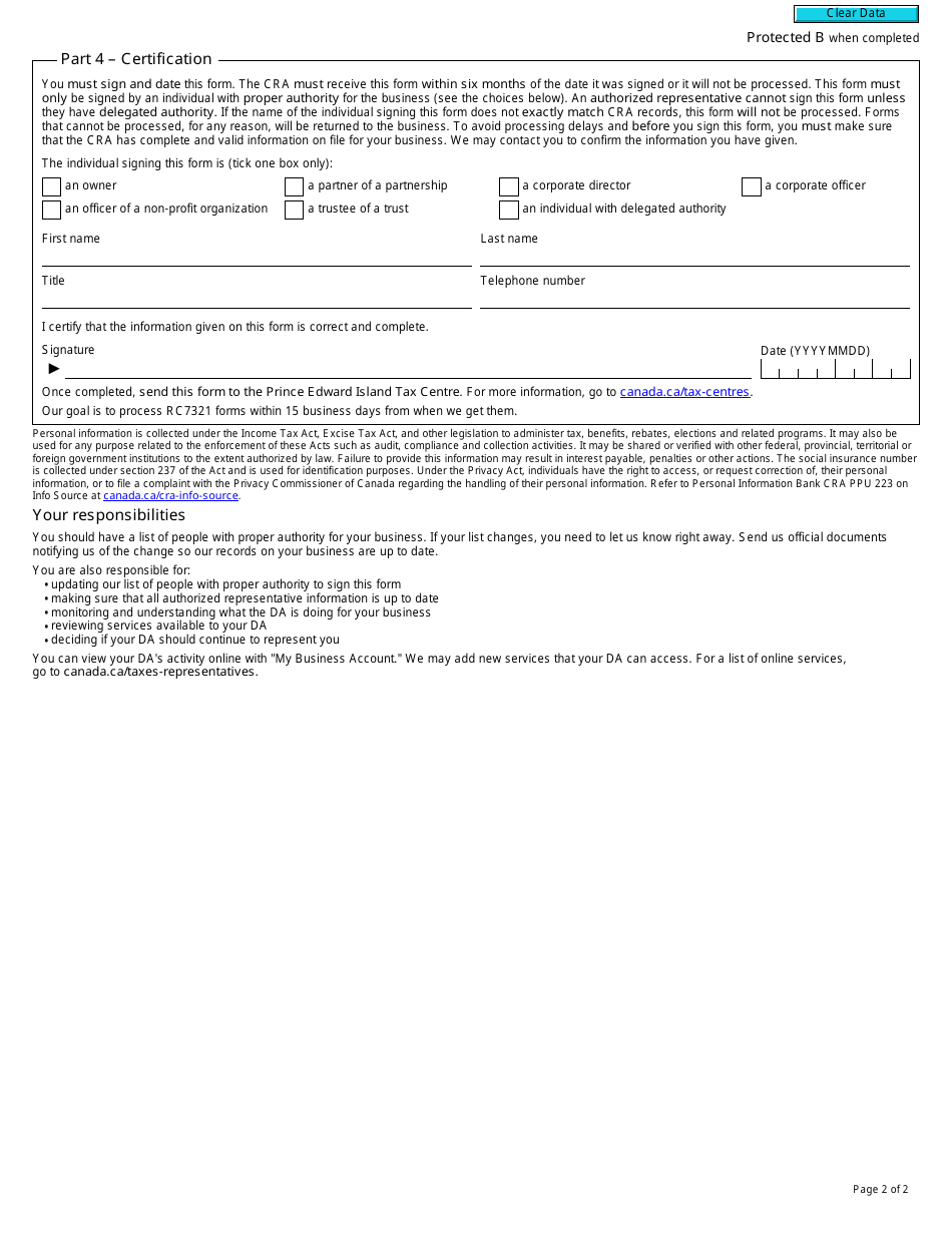 Form RC7321 Delegation of Authority for Certain Selected Listed Financial Institutions - Canada, Page 2