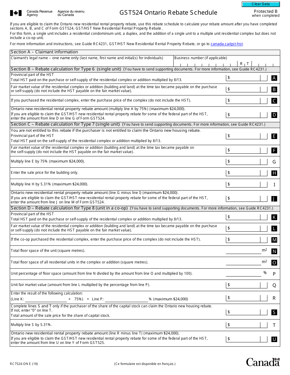 Form RC7524-ON Gst524 Ontario Rebate Schedule - Canada, Page 1