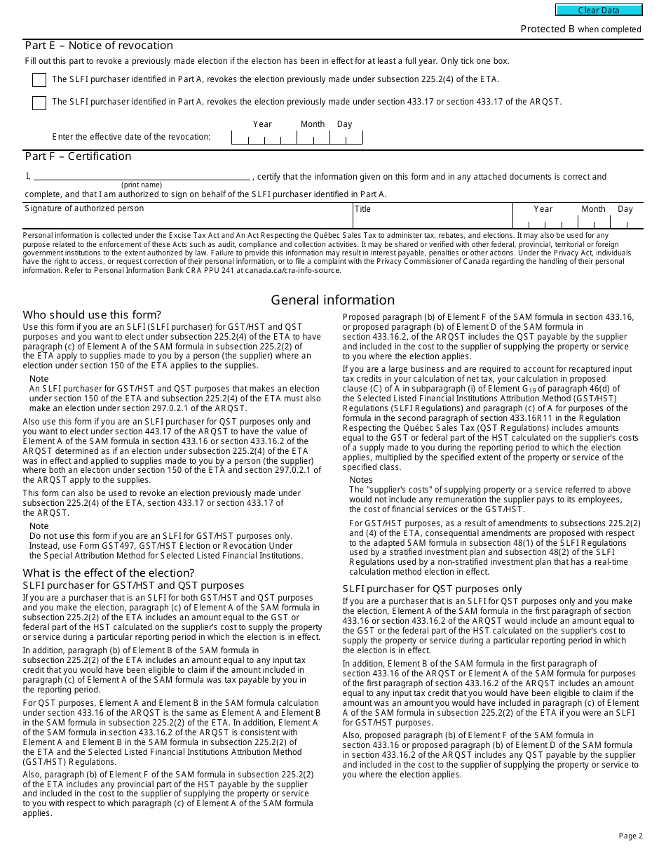 Form RC7297 Election or Revocation Under the Special Attribution Method for Selected Listed Financial Institutions for Gst / Hst and Qst or Only for Qst Purposes - Canada, Page 2