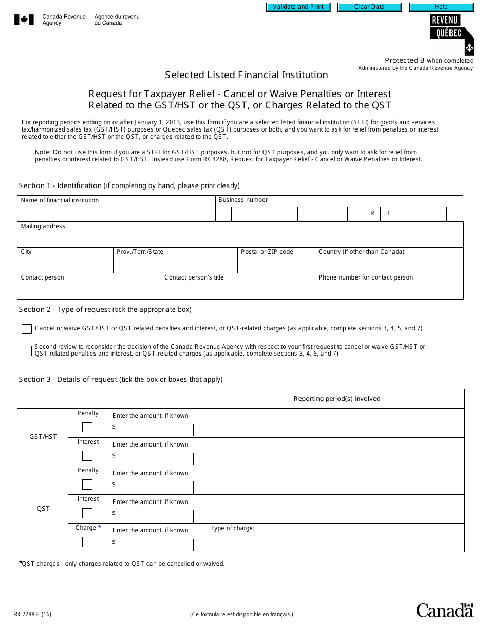 Form RC7288 Selected Listed Financial Institution - Request for Taxpayer Relief - Cancel or Waive Penalties or Interest Related to the Gst / Hst or the Qst, or Charges Related to the Qst - Canada, Page 1