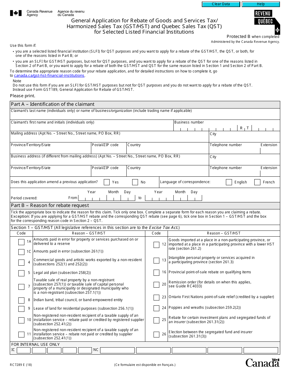 Form RC7289 General Application for Rebate of Goods and Services Tax / Harmonized Sales Tax (Gst / Hst) and Quebec Sales Tax (Qst) for Selected Listed Financial Institutions - Canada, Page 1