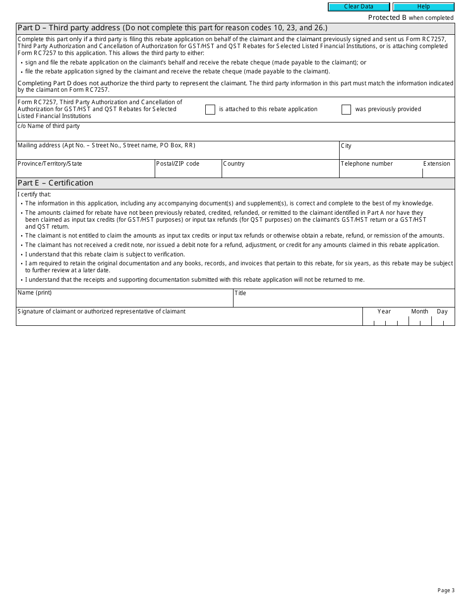 Form RC7289 General Application for Rebate of Goods and Services Tax / Harmonized Sales Tax (Gst / Hst) and Quebec Sales Tax (Qst) for Selected Listed Financial Institutions - Canada, Page 3