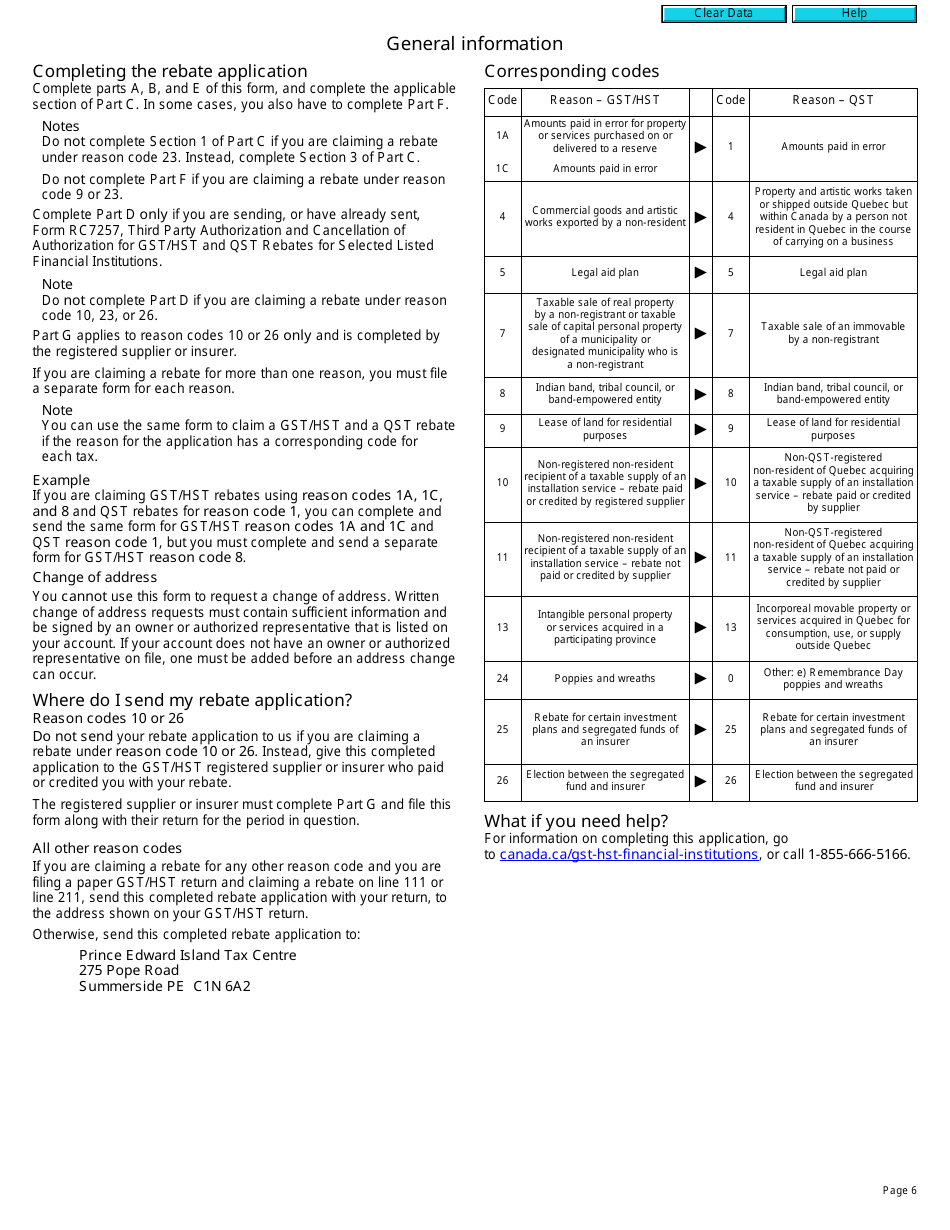 Form RC7289 General Application for Rebate of Goods and Services Tax / Harmonized Sales Tax (Gst / Hst) and Quebec Sales Tax (Qst) for Selected Listed Financial Institutions - Canada, Page 6