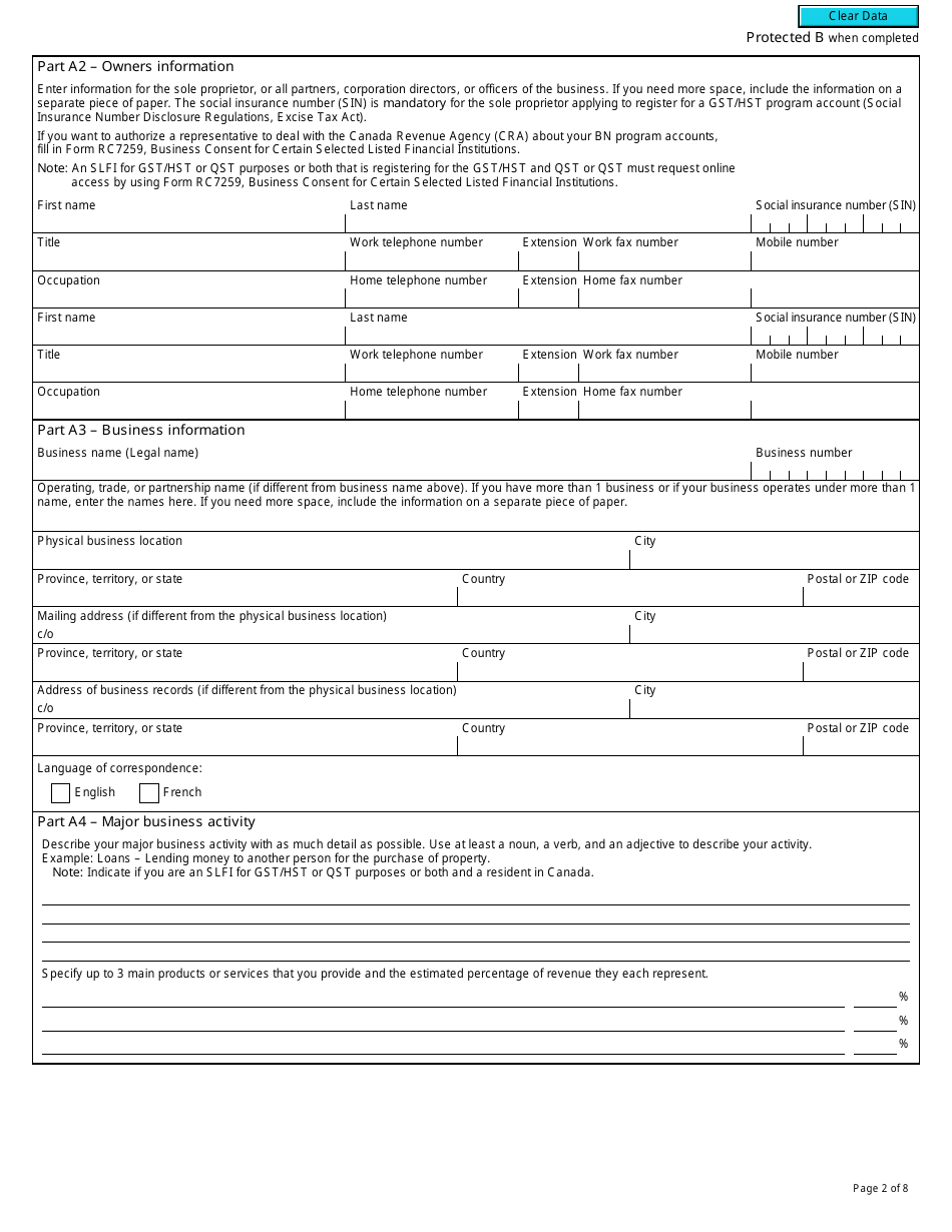 Form RC7301 Request for a Business Number and Certain Program Accounts for Certain Selected Listed Financial Institutions - Canada, Page 2