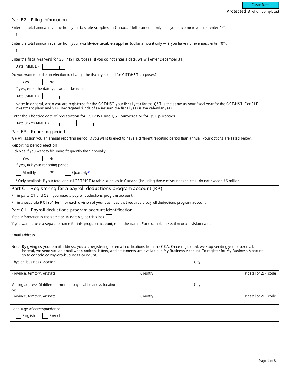 Form RC7301 Request for a Business Number and Certain Program Accounts for Certain Selected Listed Financial Institutions - Canada, Page 4