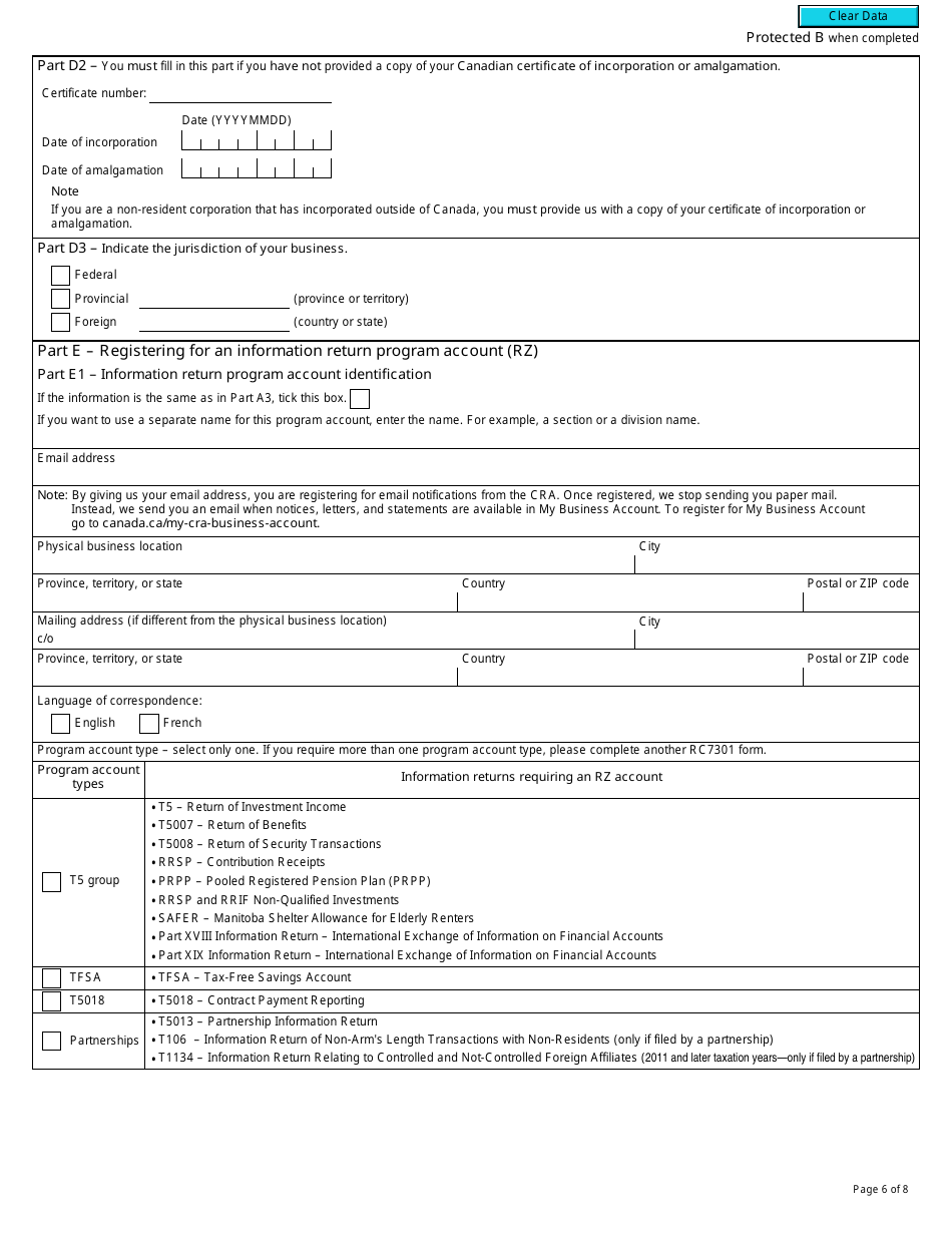 Form RC7301 Request for a Business Number and Certain Program Accounts for Certain Selected Listed Financial Institutions - Canada, Page 6