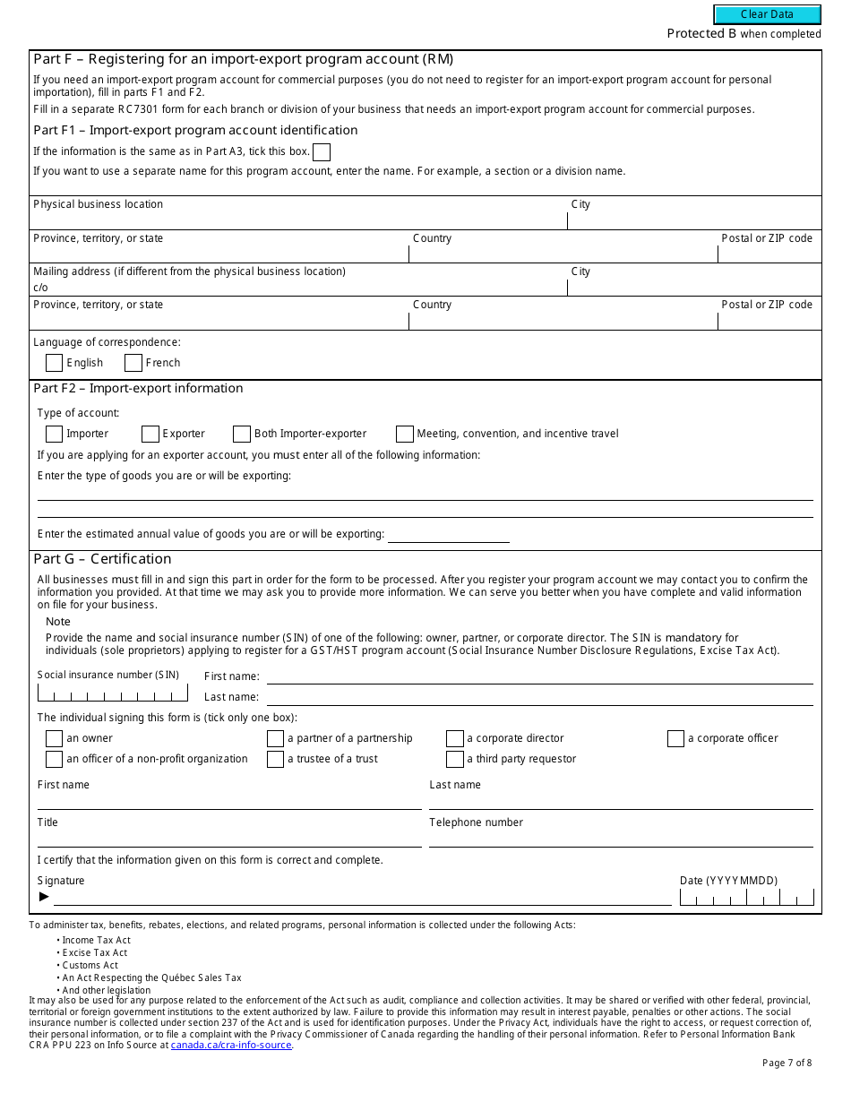 Form RC7301 Request for a Business Number and Certain Program Accounts for Certain Selected Listed Financial Institutions - Canada, Page 7