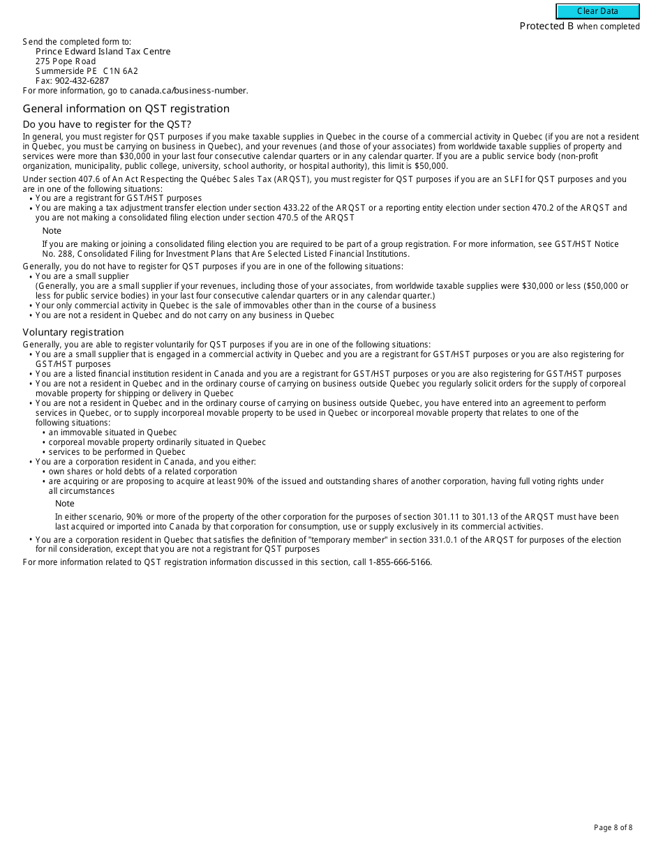 Form RC7301 Request for a Business Number and Certain Program Accounts for Certain Selected Listed Financial Institutions - Canada, Page 8