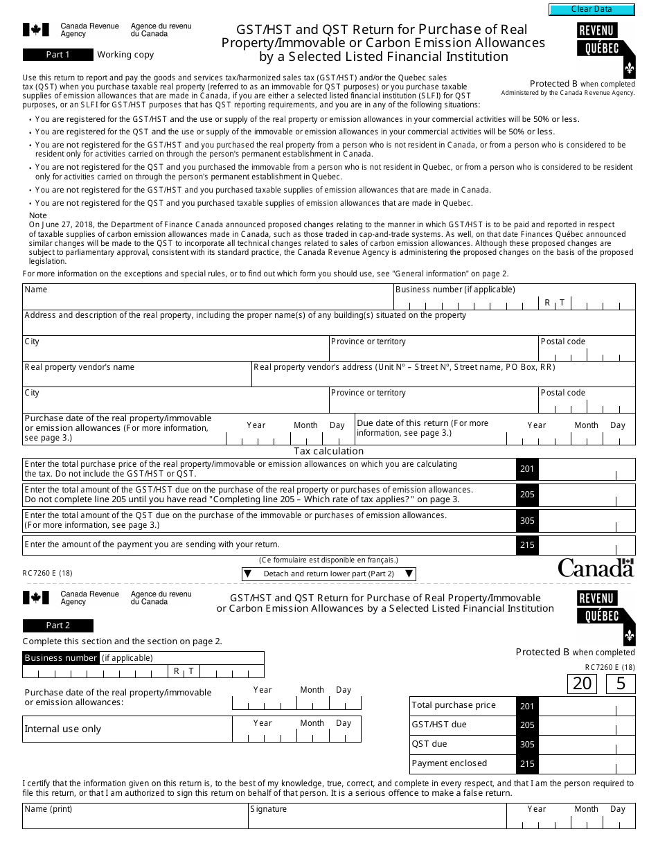 Form RC7260 Gst / Hst and Qst Return for Purchase of Real Property / Immovable or Carbon Emission Allowances by a Selected Listed Financial Institution - Canada, Page 1