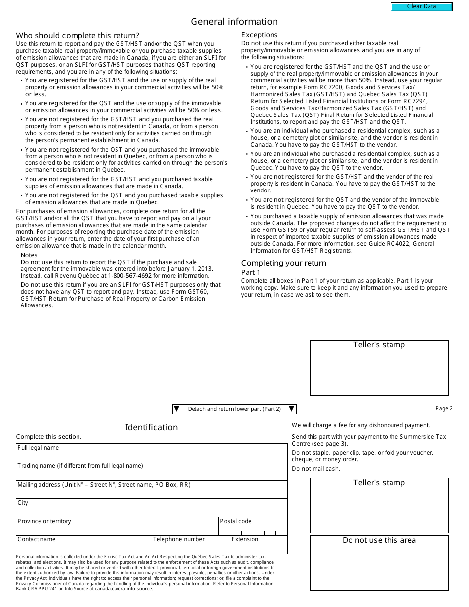 Form RC7260 Gst / Hst and Qst Return for Purchase of Real Property / Immovable or Carbon Emission Allowances by a Selected Listed Financial Institution - Canada, Page 2