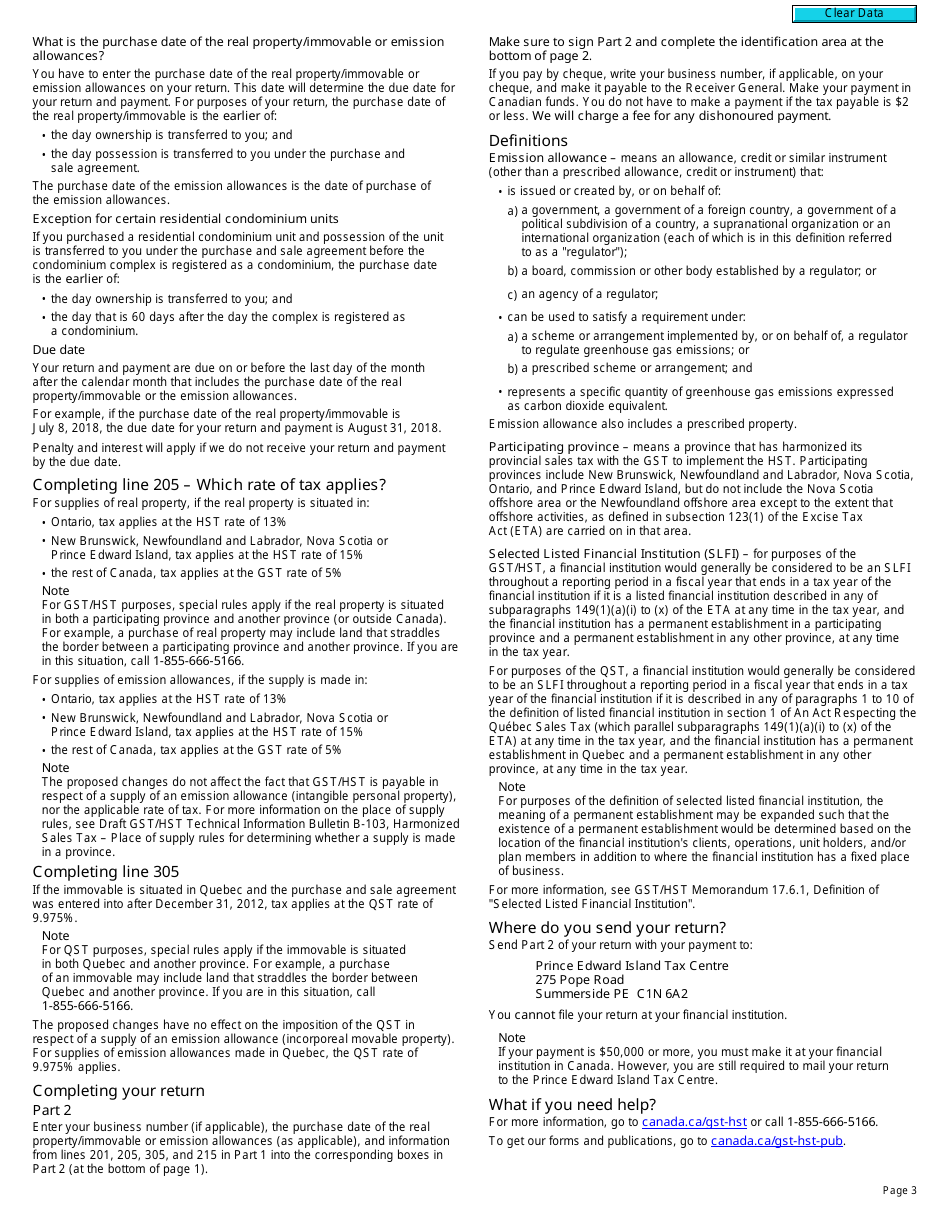 Form RC7260 Gst / Hst and Qst Return for Purchase of Real Property / Immovable or Carbon Emission Allowances by a Selected Listed Financial Institution - Canada, Page 3