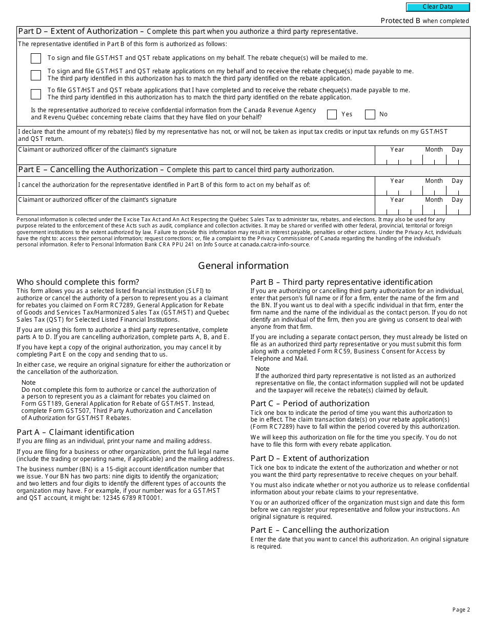 Form RC7257 Third Party Authorization and Cancellation of Authorization for Gst / Hst and Qst Rebates for Selected Listed Financial Institutions - Canada, Page 2