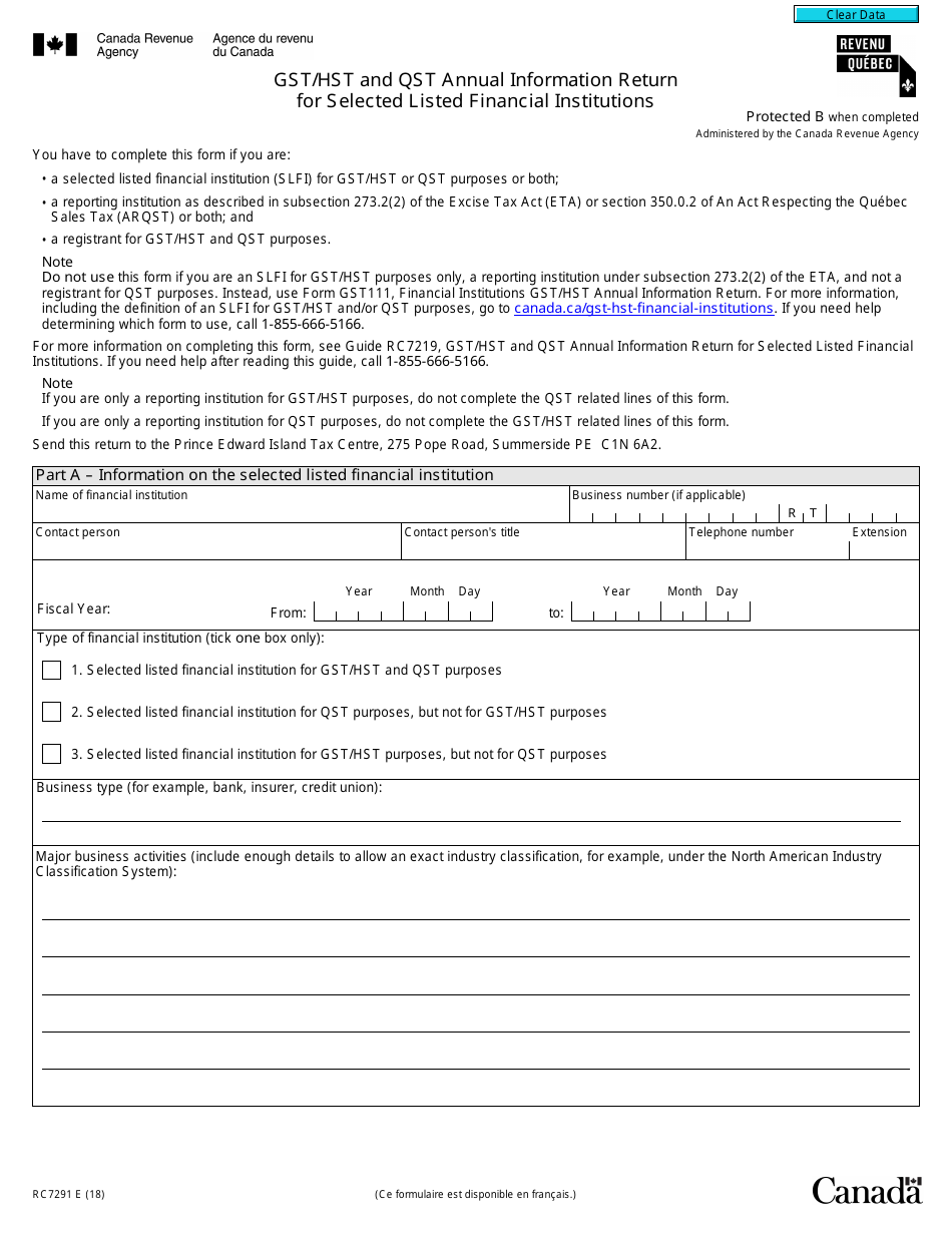 Form RC7291 Gst / Hst and Qst Annual Information Return for Selected Listed Financial Institutions - Canada, Page 1