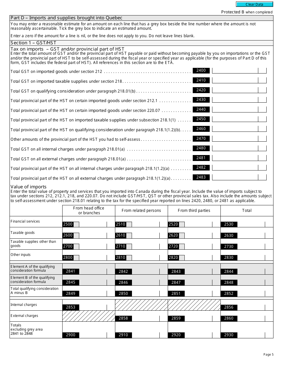 Form RC7291 Gst / Hst and Qst Annual Information Return for Selected Listed Financial Institutions - Canada, Page 5