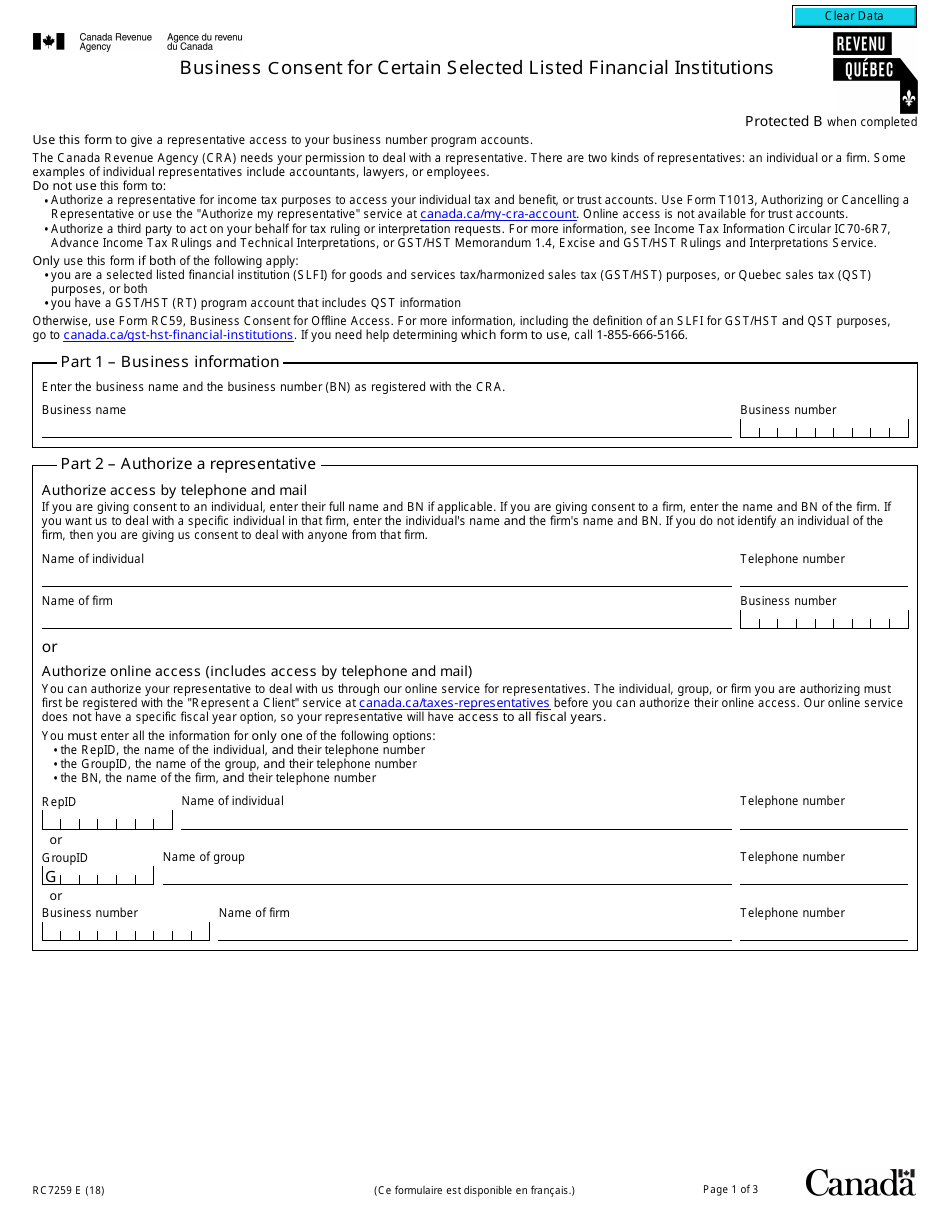 Form RC7259 Business Consent for Certain Selected Listed Financial Institutions - Canada, Page 1