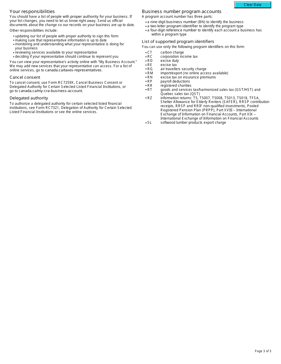 Form RC7259 Business Consent for Certain Selected Listed Financial Institutions - Canada, Page 3