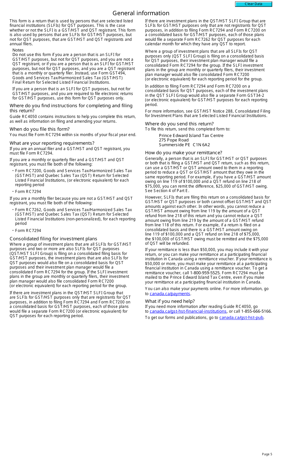Form RC7294 Goods and Services Tax / Harmonized Sales Tax (Gst / Hst) and Quebec Sales Tax (Qst) Final Return for Selected Listed Financial Institutions - Canada, Page 5